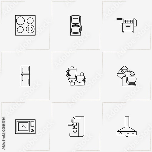 Kitchen Application line icon set with refrigerator, fryer and coffee machine