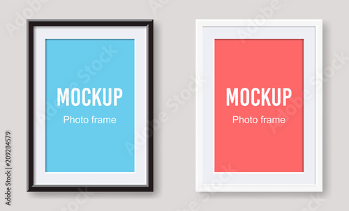 Realistic black and white photo frames isolated on white background. Vector illustration.