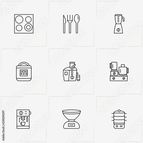 Kitchen Application line icon set with kitchen scales , juicer and electric stove
