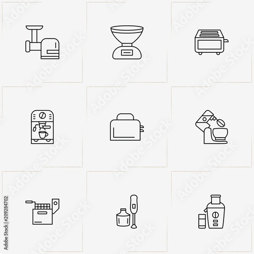 Kitchen Application line icon set with juicer, fryer and coffee machine