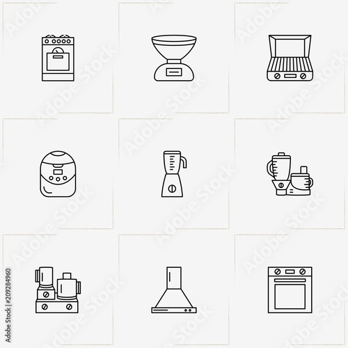 Kitchen Application line icon set with food processor, kitchen aspirator  and barbecue stove