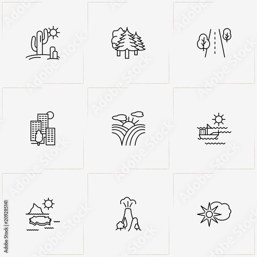 Landscape line icon set with sunshine, forest and cactus in desert