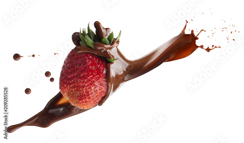 strawberry in chocolate splash isolated on a white background