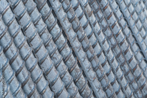 Closeup stack of steel rods at building site, Detail of steel rebar for background and texture