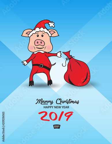 Cute pig in a Santa Cross dress with a red bag. And gift boxes with Christmas tree. vector illustration, Merry Christmas and happy new year 2019 gift card template, banner, poster, flyer,