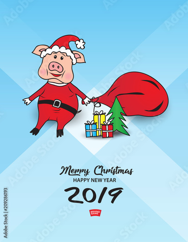 Cute pig in a Santa Cross dress with a red bag. And gift boxes with Christmas tree. vector illustration, Merry Christmas and happy new year 2019 gift card template, banner, poster, web banner, header