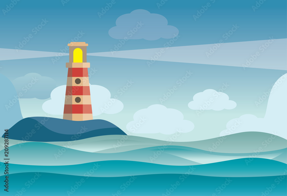 Fototapeta premium Latarnia morska na skale kamienie wyspy krajobraz - ilustracji wektorowych