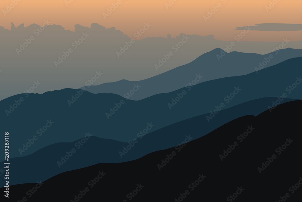 Sunset landscape with orange silhouettes of mountains - vector illustration