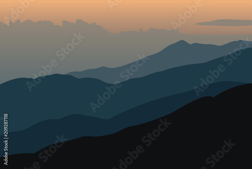 Sunset landscape with orange silhouettes of mountains - vector illustration