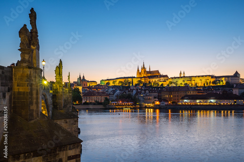View of Charles Bridge and Prague skyline in Czech Republic at night