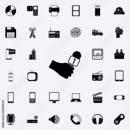 reporter's hand with a microphone icon. Detailed set of minimalistic icons. Premium graphic design. One of the collection icons for websites, web design, mobile app