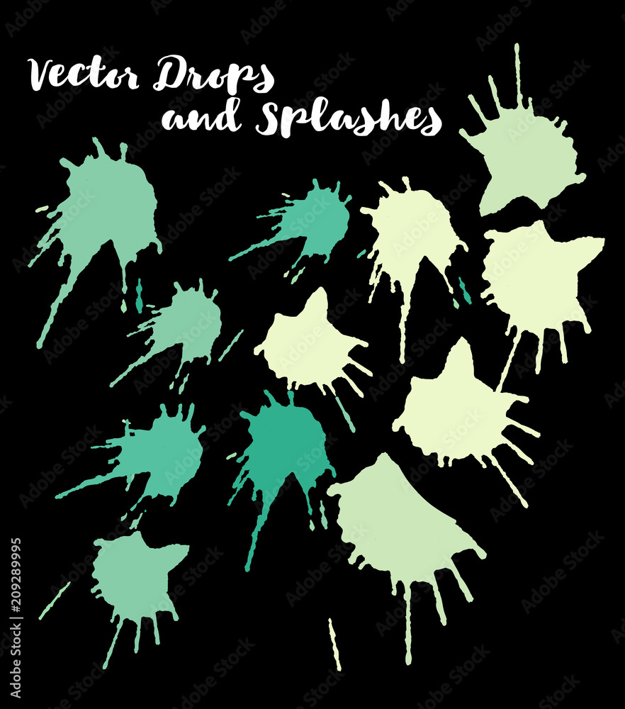 Obraz premium Green Vector Splashes, Hand Painted Watercolor Bang. Indian Holi Color Festival, Paint Burst, Water Splash. Green Vector Craft Logo Element, Holi Paint Burst. Uneven Texture Graffiti Shapes, Buttons.