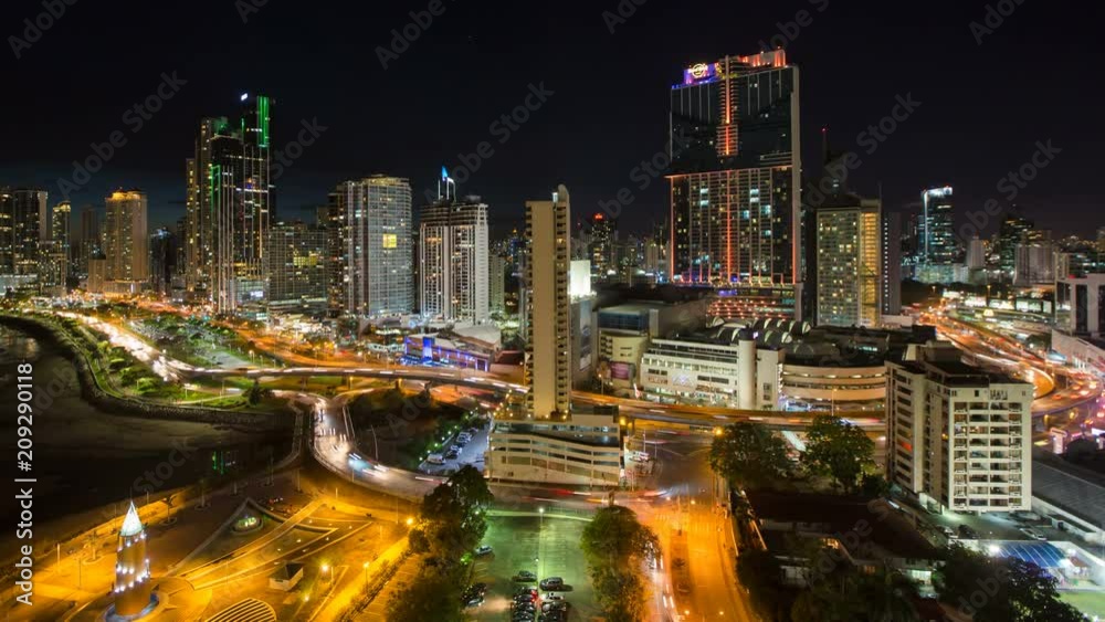 City skyline illuminated at night, Panama City, Panama, Central America