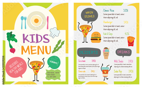 Cute colorful kids meal menu vector template