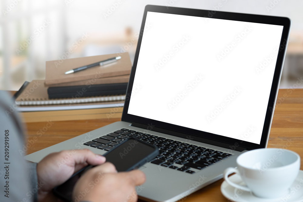 Laptop with blank screen on table. Workspace background new project on laptop computer with blank copy space screen for your advertising text message Laptop with blank screen on table. Workspace background new project on laptop computer with blank copy space screen for your advertising text message