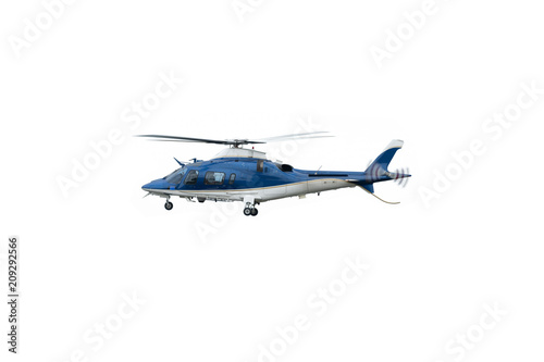 White and blue helicopter in flight, isolated on white