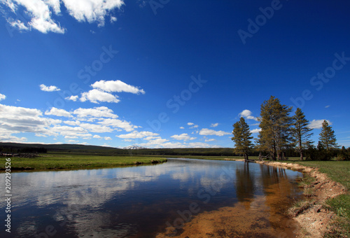Gibbon River peacefully flowing through Gibbon Meadows in Yellowstone National Park in Wyoming United States