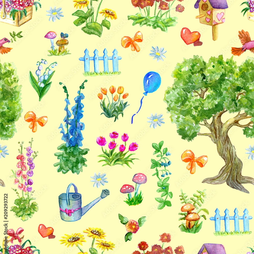 Seamless background with tree, watering can, flowers, mushrooms and fence. Vintage rural pattern with watercolor illustrations. Gardening and home countryside concept Seamless background with tree, watering can, flowers, mushrooms and fence. Vintage rural pattern with watercolor illustrations. Gardening and home countryside concept