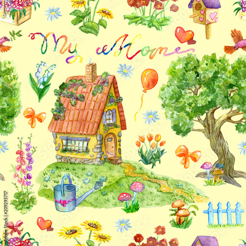 Seamless background with cute small cottage, tree, flowers and garden objects. Vintage rural pattern with watercolor illustrations. Gardening and home countryside concept 