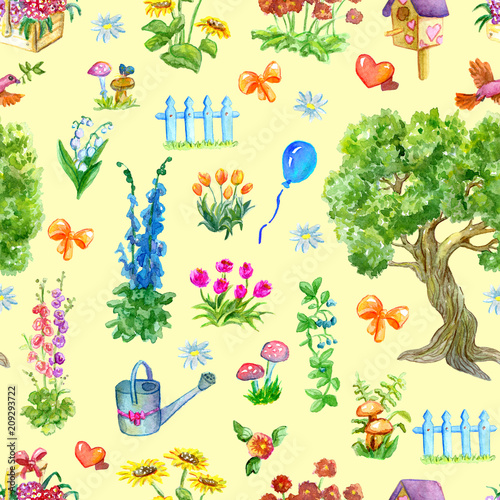 Seamless background with tree, watering can, flowers, mushrooms and fence. Vintage rural pattern with watercolor illustrations. Gardening and home countryside concept 