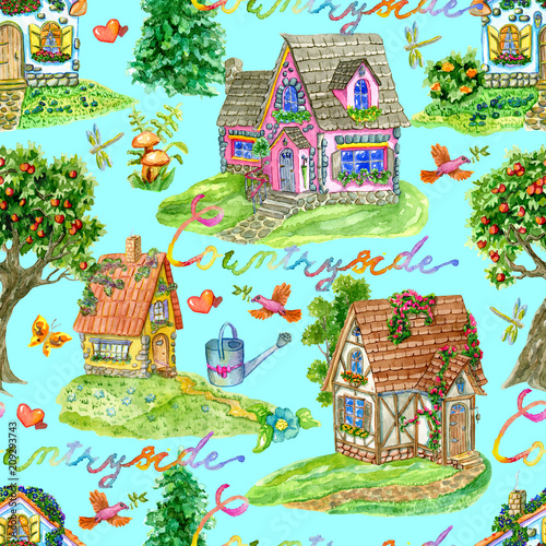 Seamless background with beautiful cottages  garden objects  trees and lettering on blue. Vintage rural pattern with watercolor illustrations. Gardening and home countryside concept  