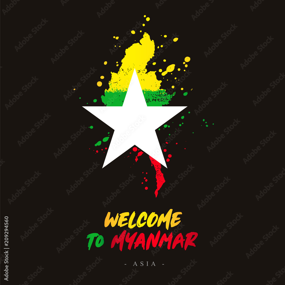 Obraz premium Welcome to Myanmar. Flag and map of the country