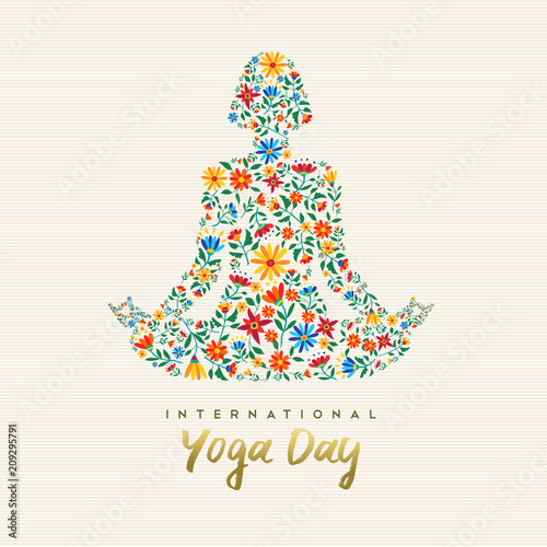 Yoga day card of girl in lotus pose for meditation