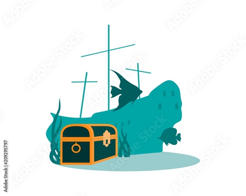 Underwater world background. Underwater landscape with sunken ship and treasure chest. Marine life and fauna.