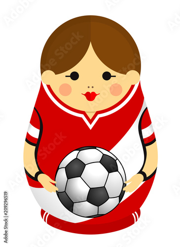 Drawing of a Matryoshka with colors of the flag of Peru holding a soccer ball in her hands. Russian nesting doll in red and white. Vector image