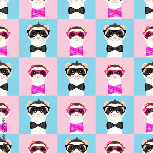 Ferret girl and boy portrait with glasses. Seamless pattern. Vector illustration.