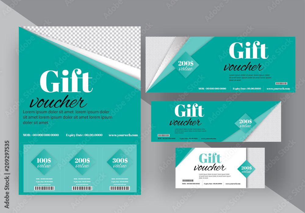 Set of green color discount voucher, gift card or coupon.