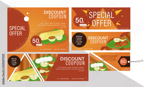 Discount coupon set on South Indian cuisine for restaurants, various size coupons or stickers.