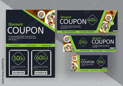 Discount coupon set for food cafe, or restaurants. Multiple discounts.