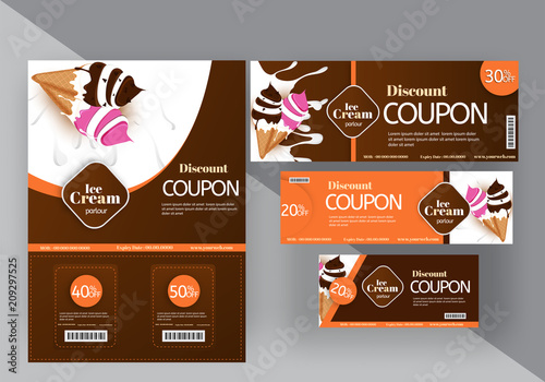 Discount coupon set for ice-cream parlours or restaurants. Multiple discount offers.