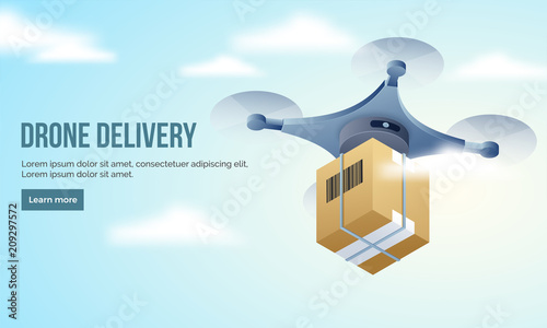 Hero banner with illustration of quadcopter and shipping box for Drone delivery concept.