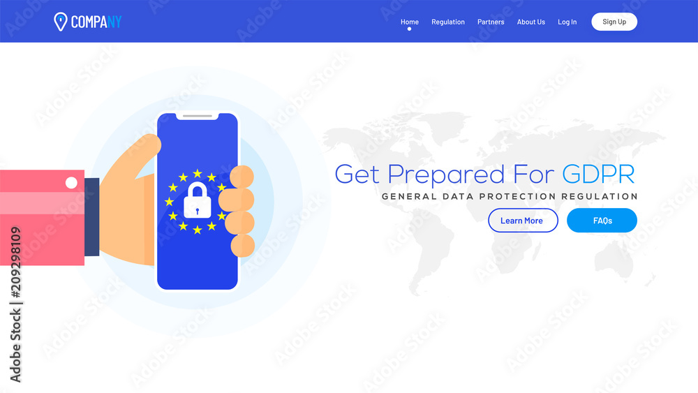 Landing page with illustration of human hand holading smartphone for GDPR concept. - obrazy, fototapety, plakaty 