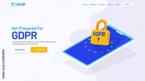 Isometric illustration of lock and smartphone for GDPR landing page.