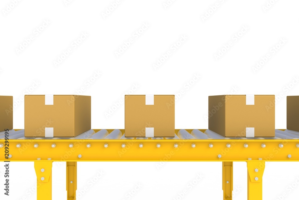 Empty cardboard box on yellow conveyor line isolated on a white background, Delivery concept, 3d rendering Empty cardboard box on yellow conveyor line isolated on a white background, Delivery concept, 3d rendering