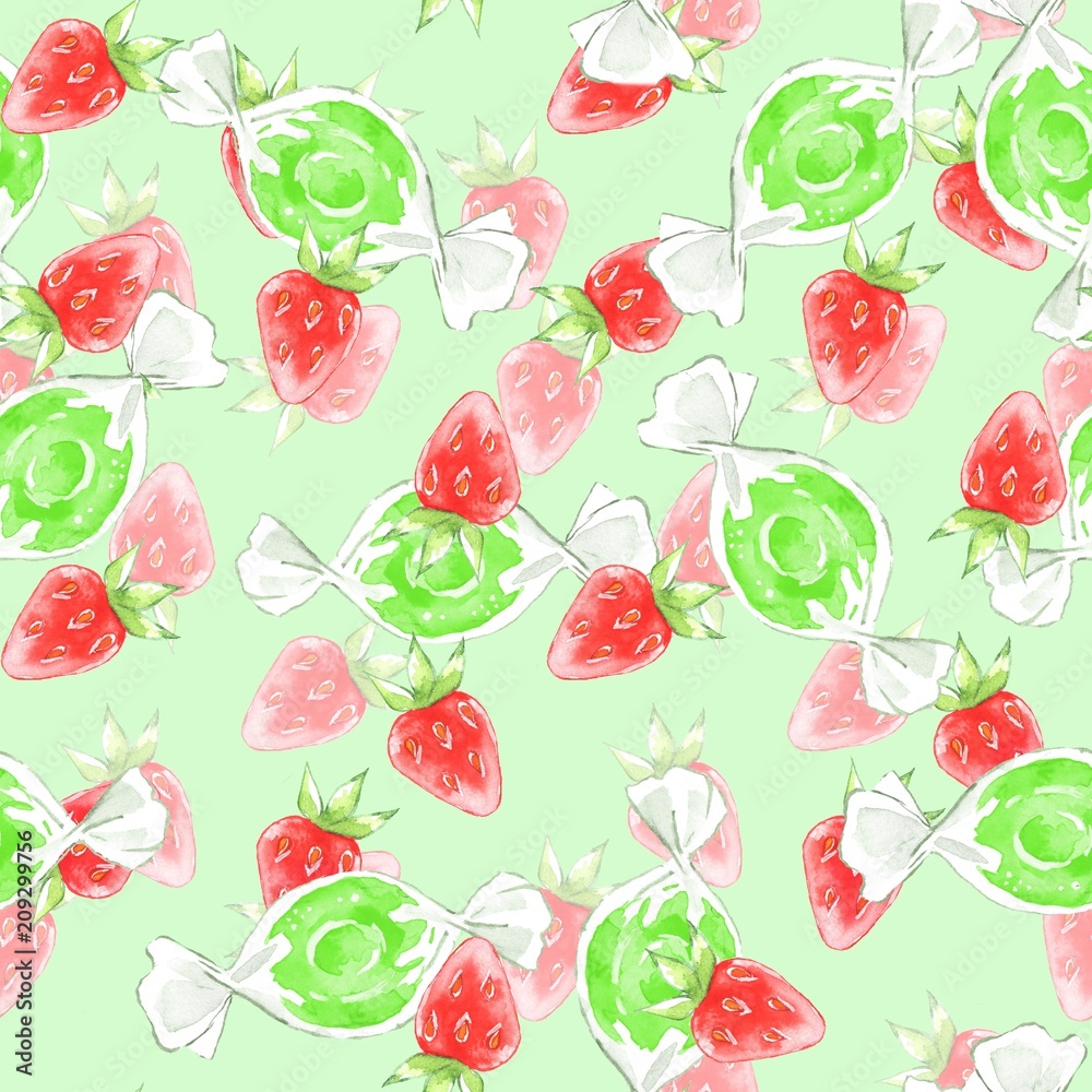 Watercolor seamless pattern with strawberries and candies 2