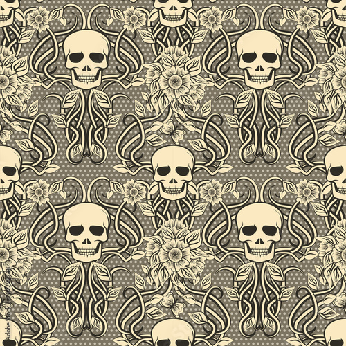 Floral seamless pattern with skull in art nouveau style, vector illustration