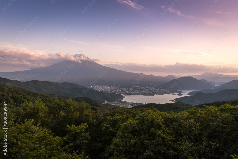 Mountain Fuji with sunset sky and Kawakuchiko lake in summer