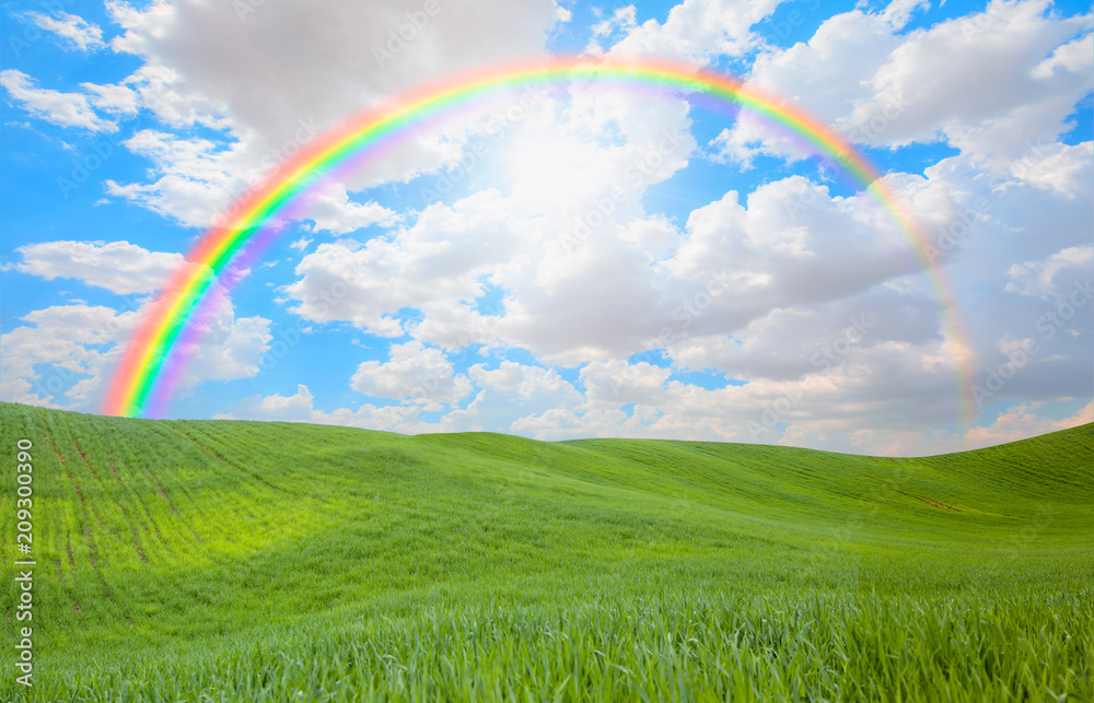 Green grass field and bright blue sky with rainbow