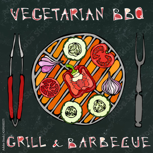 Black Board Background. Vegetarian Grill. Vegetable BBQ. Picnic and Barbeque Appliances Tongs and Fork. Tomato, Bell Pepper, Onion, Garlic and Zucchini.Hand Drawn Illustration. Savoyar Doodle Style.