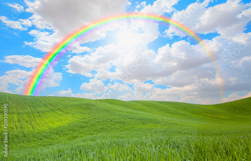 Green grass field and bright blue sky with rainbow