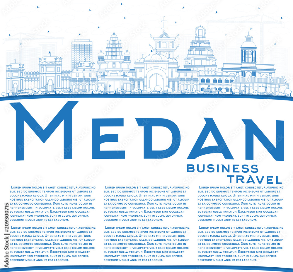 Outline Medan Indonesia City Skyline with Blue Buildings and Copy Space.