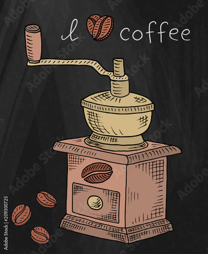 Beautiful illustration of coffee grinder with beans on chalkboard background