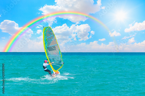 Windsurfer On Waves with rainbow - Alacati, izmir