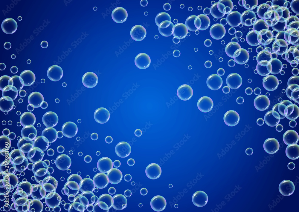 Cleaning foam on gradient background. Realistic water bubbles 3d. Cool rainbow colored liquid foam with shampoo bubbles. Horizontal cosmetic flyer and invite. Cleaning soap foam for bath and shower.