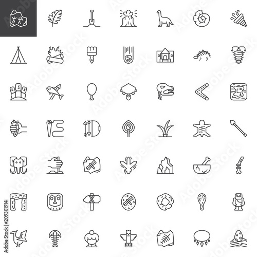 Prehistoric elements outline icons set. linear style symbols collection, line signs pack. vector graphics. Set includes icons as Cave painting, Dinosaur skeleton, Moai, Mammoth, Fossil, Stonehenge