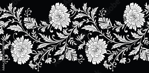 Seamless black and white flower border